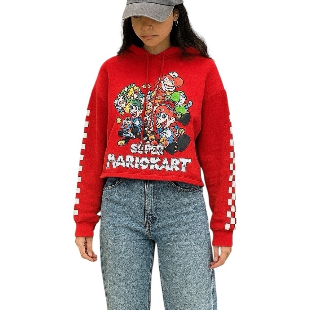 Super Nintendo X Forever 21 Medium Red Cropped Hooded Sweatshirt Mario Bros